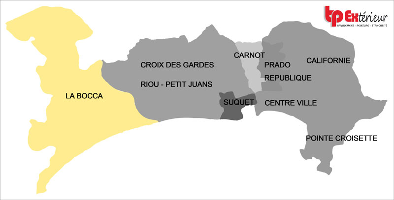 Le nuancier des couleurs de la ville de Cannes est établie selon les 6 zones figurant sur cette carte. Vous habitez la Bocca et vous souhaitez faire ravaler votre façade, consultez ici le nuancier de votre quartier.